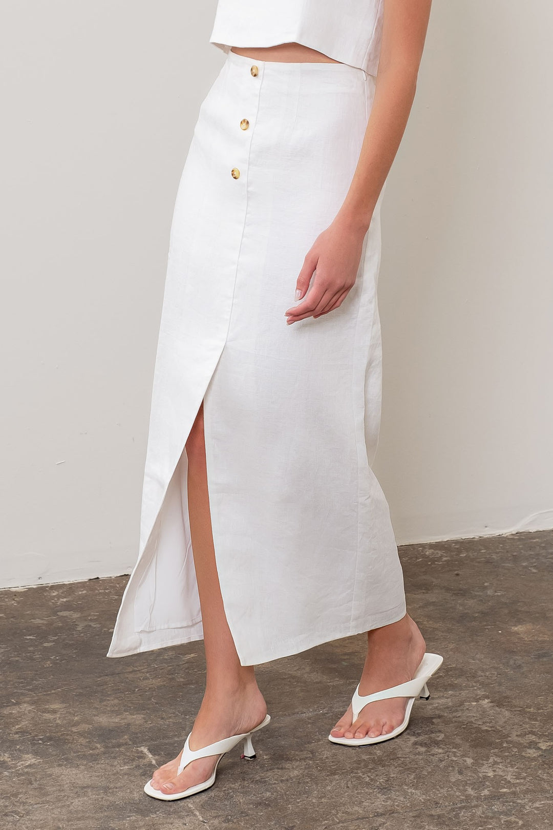LINEN FRONT BUTTON MIDI SKIRT