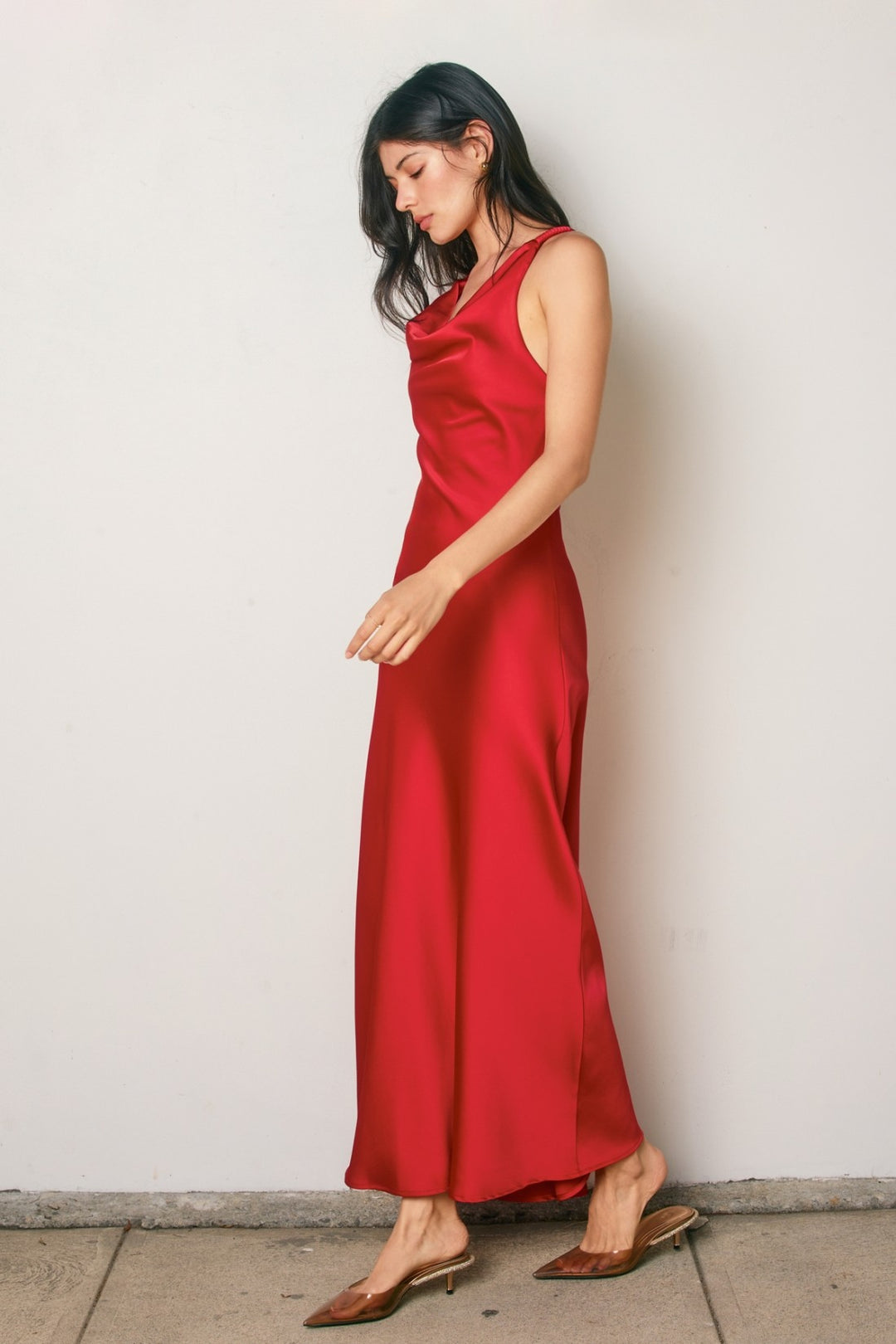 COWL NECK SATIN DRESS