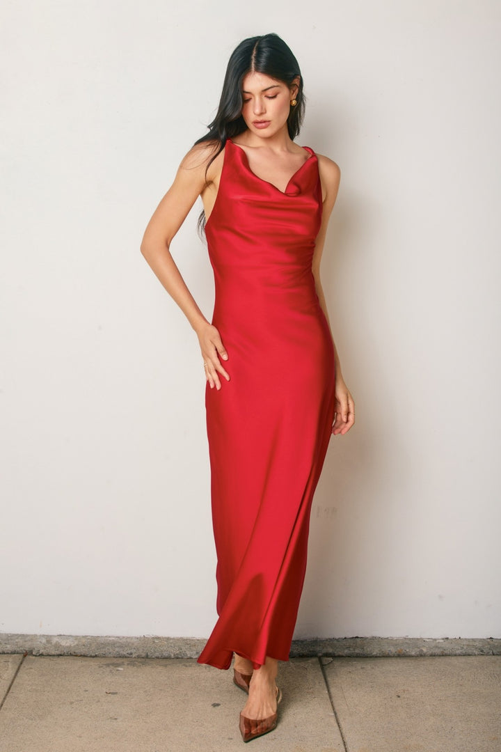 COWL NECK SATIN DRESS