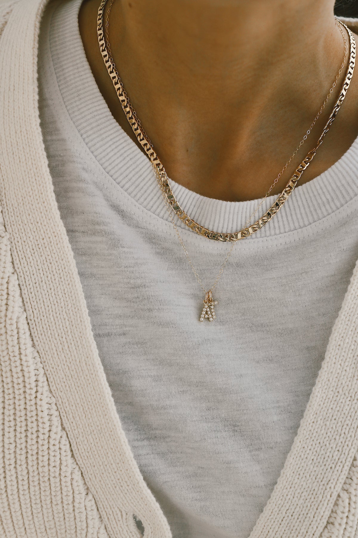 Gold Mini Pearl Initial Pendant Necklace - C