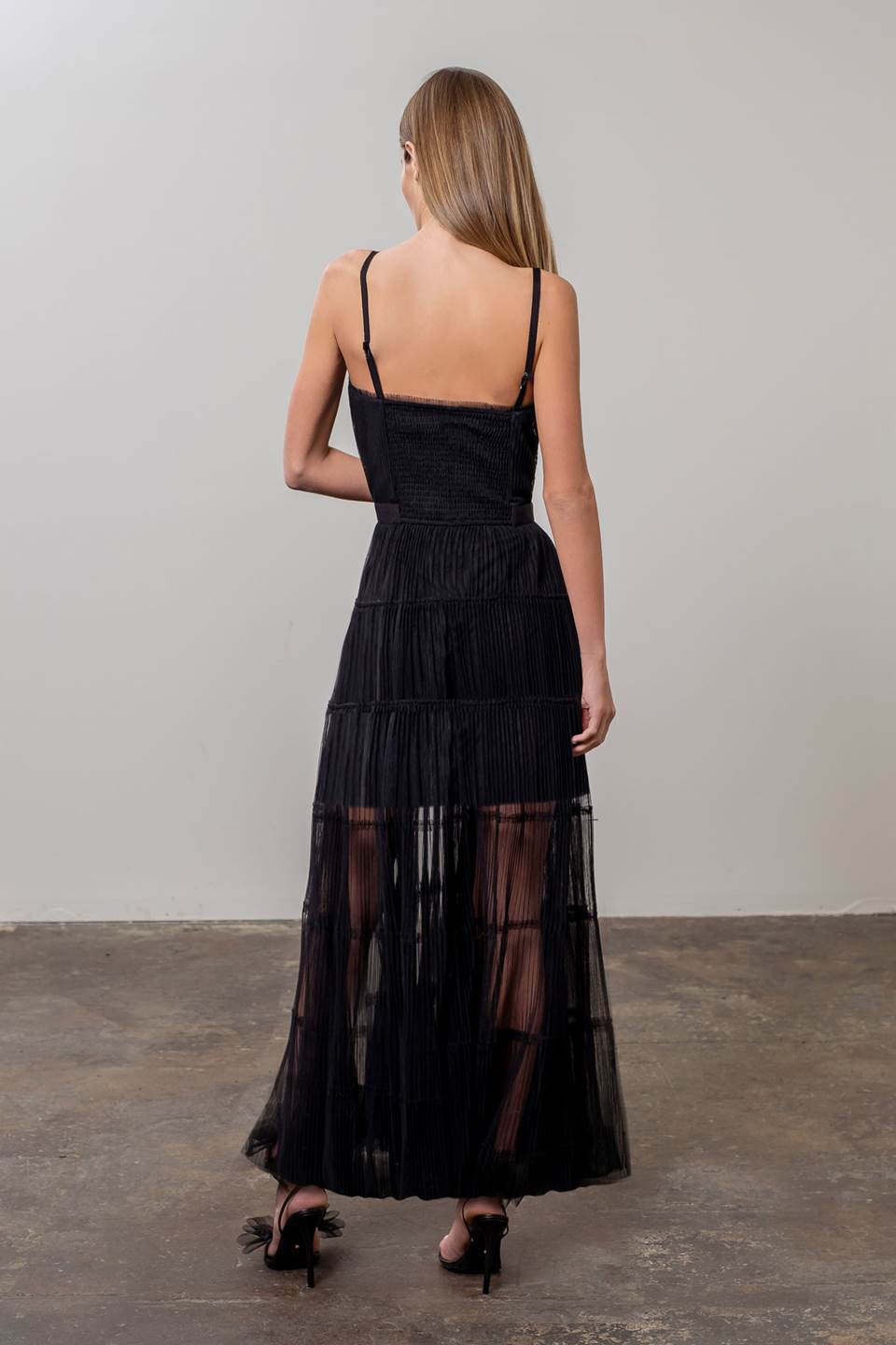 Pleated Tulle Semi-Sheer Tiered Dress