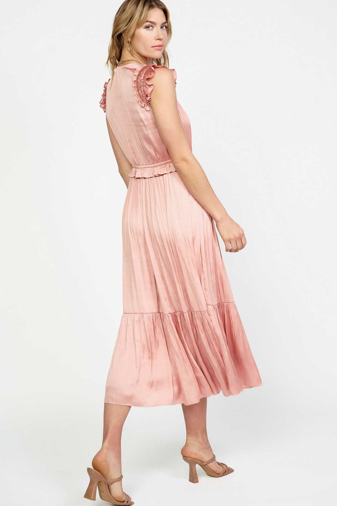 FLUTTER V NECK MIDI DRESS