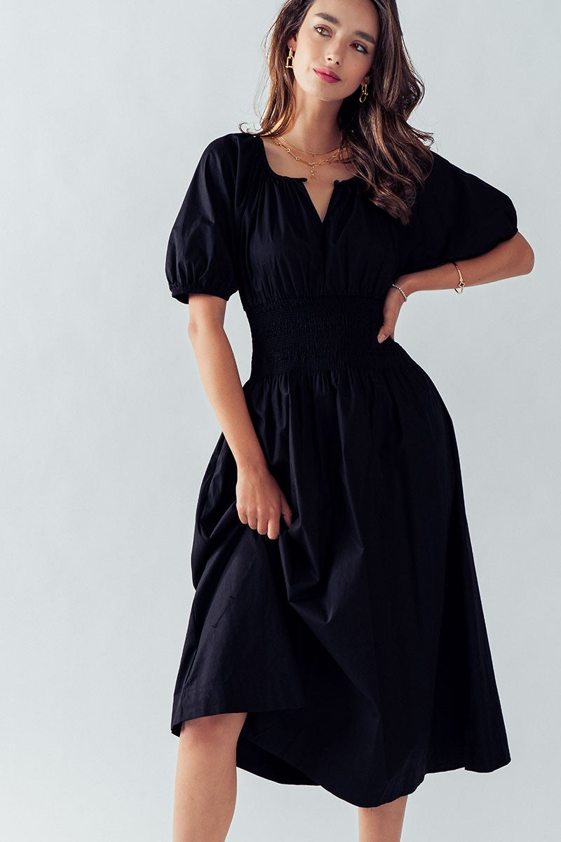 ANETTE PUFF SLEEVE SMOCKED MIDI DRESS
