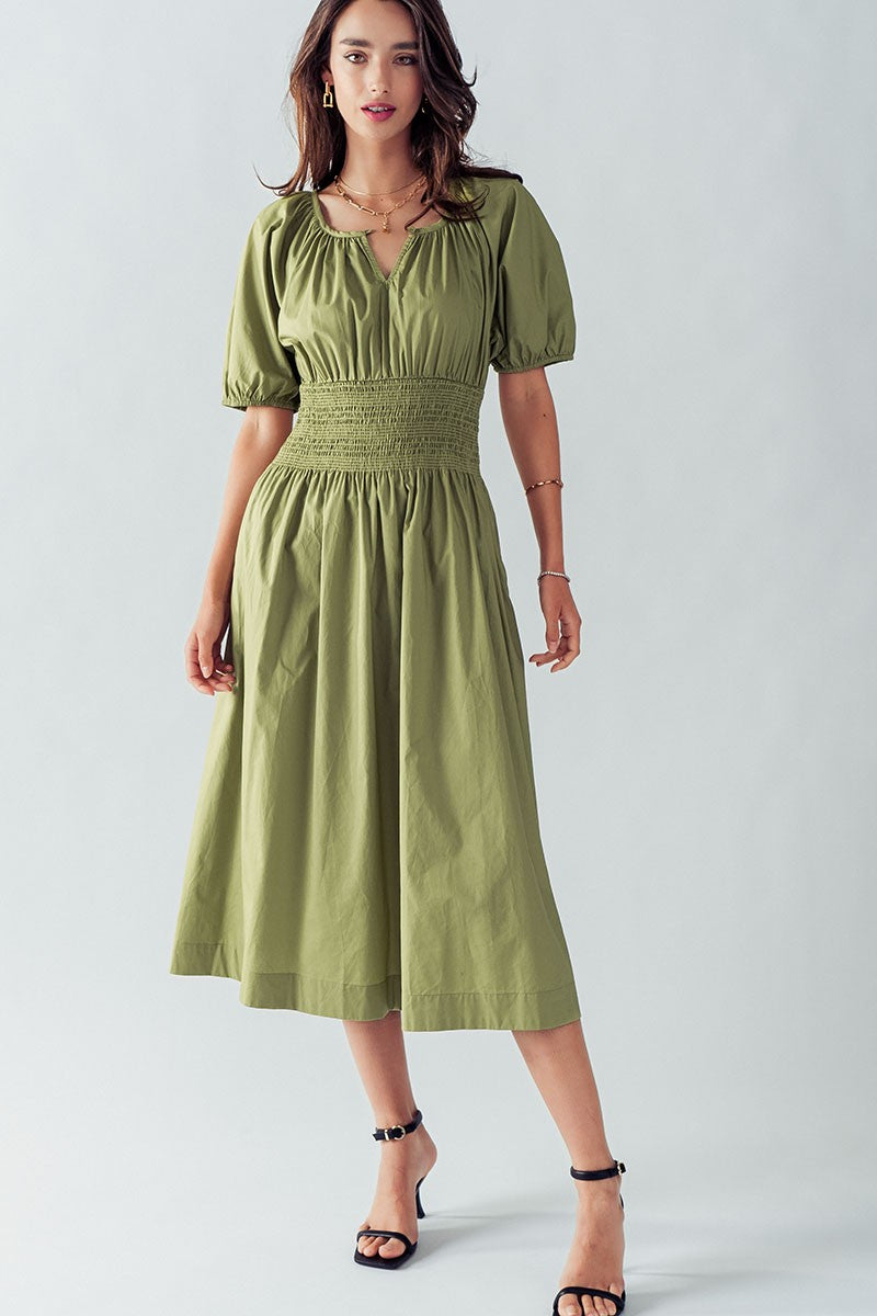 ANETTE PUFF SLEEVE SMOCKED MIDI DRESS