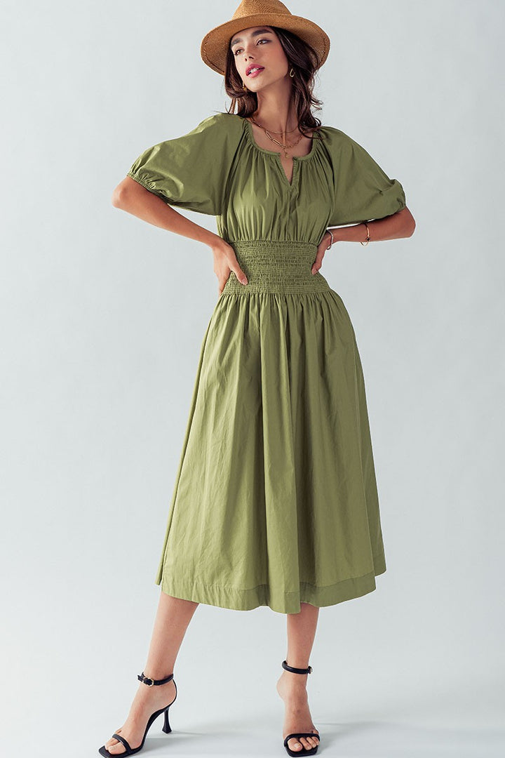 ANETTE PUFF SLEEVE SMOCKED MIDI DRESS