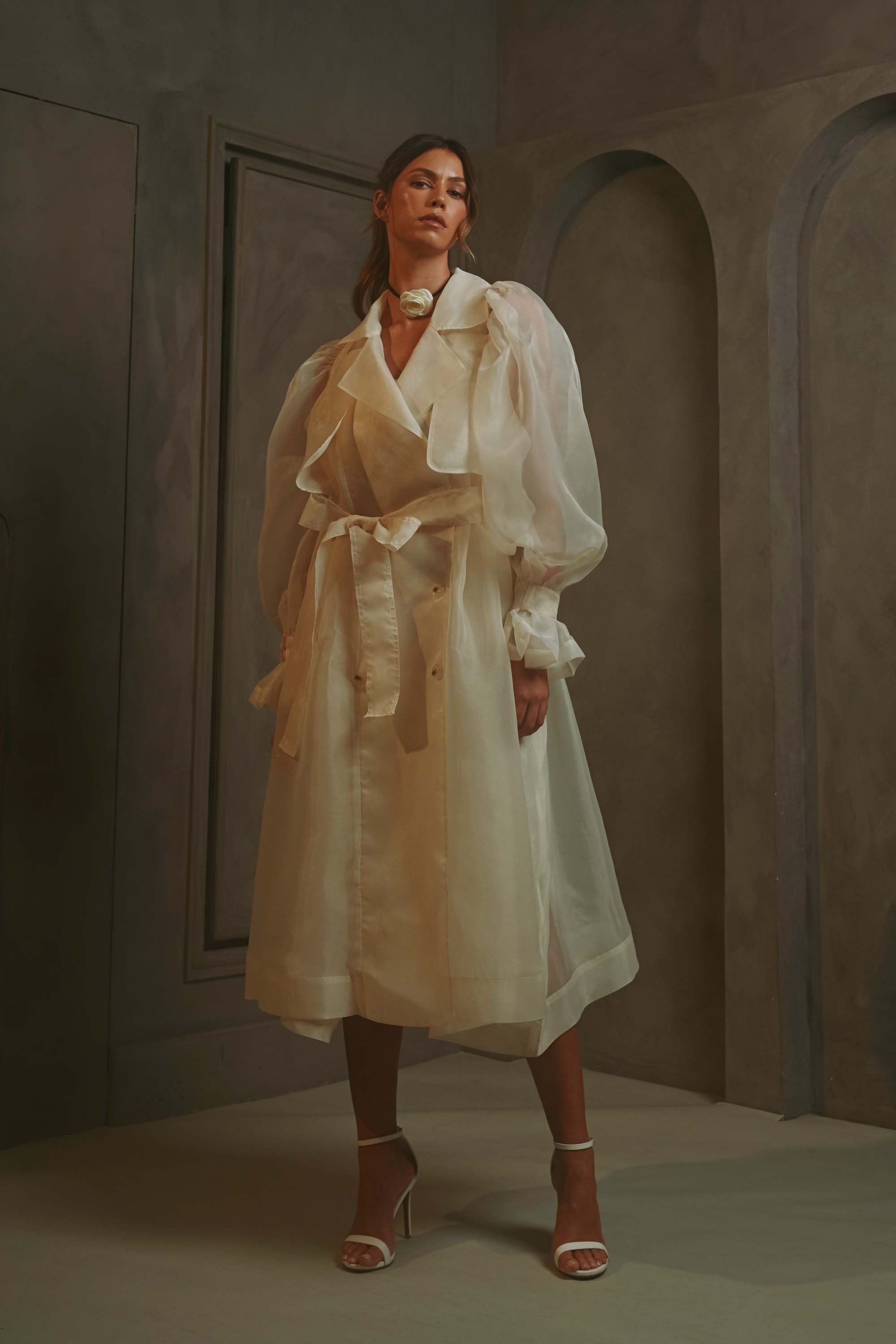 ORGANZA PUFF SLEEVE TRENCH COAT