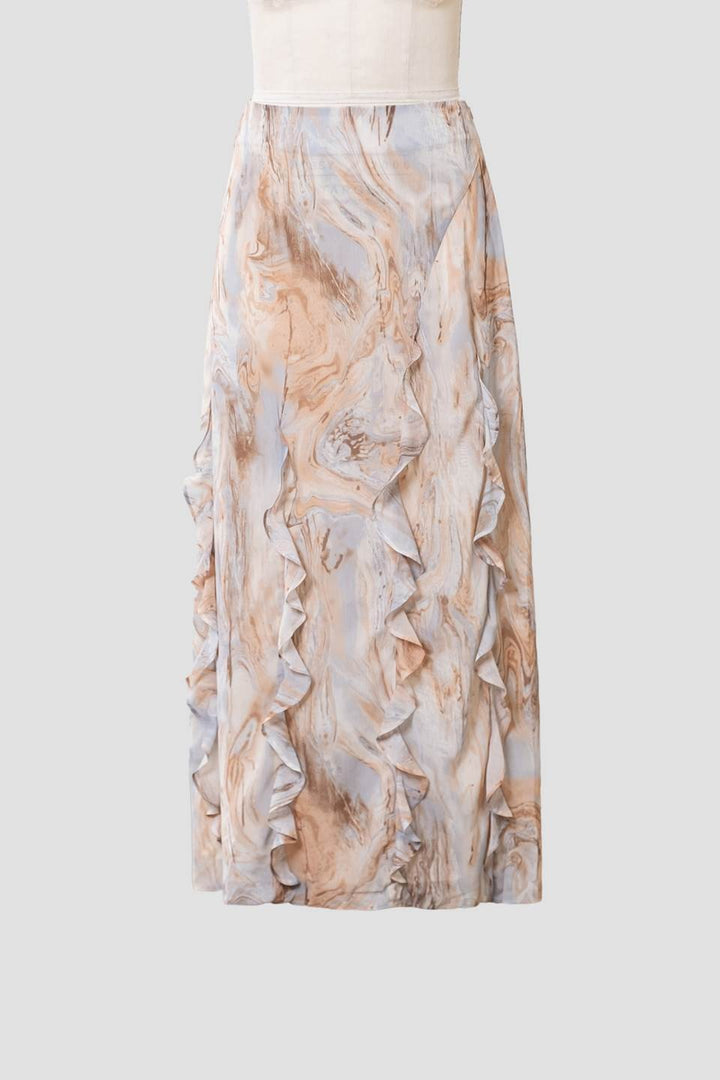 MARBLE PRINT CHIFFON RUFFLE SKIRT