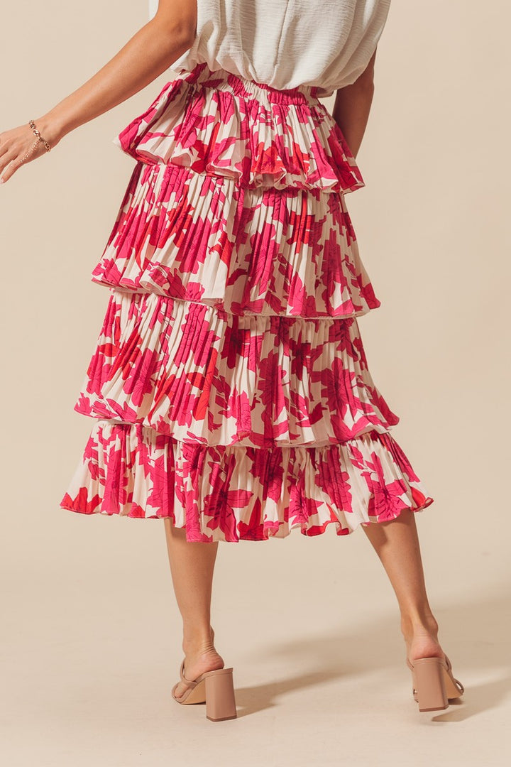 FLORAL PLEATED TIER MIDI SKIRT