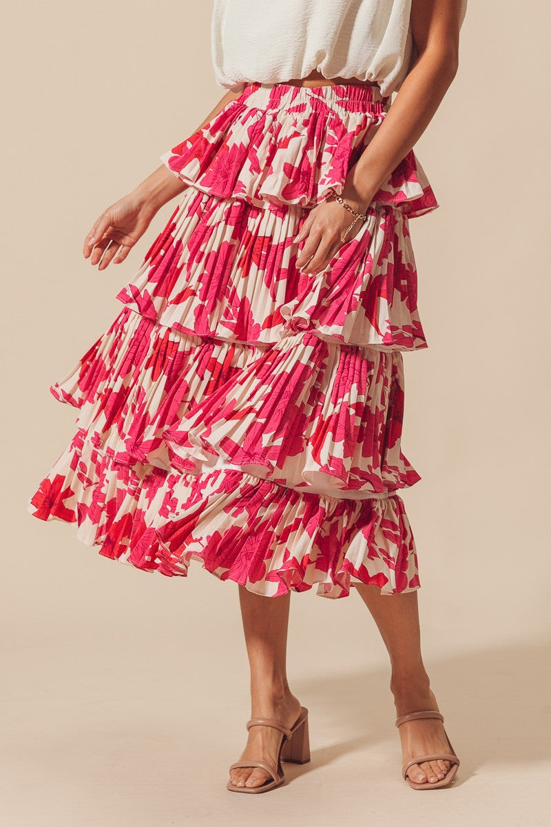 FLORAL PLEATED TIER MIDI SKIRT