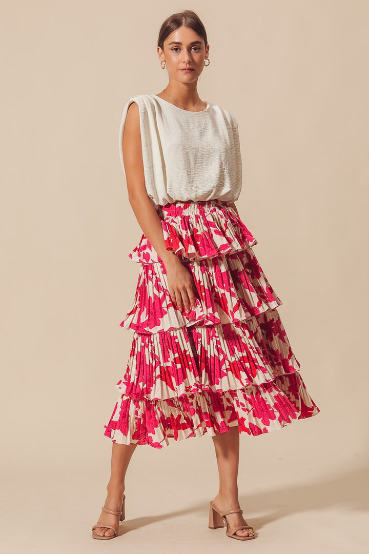 FLORAL PLEATED TIER MIDI SKIRT