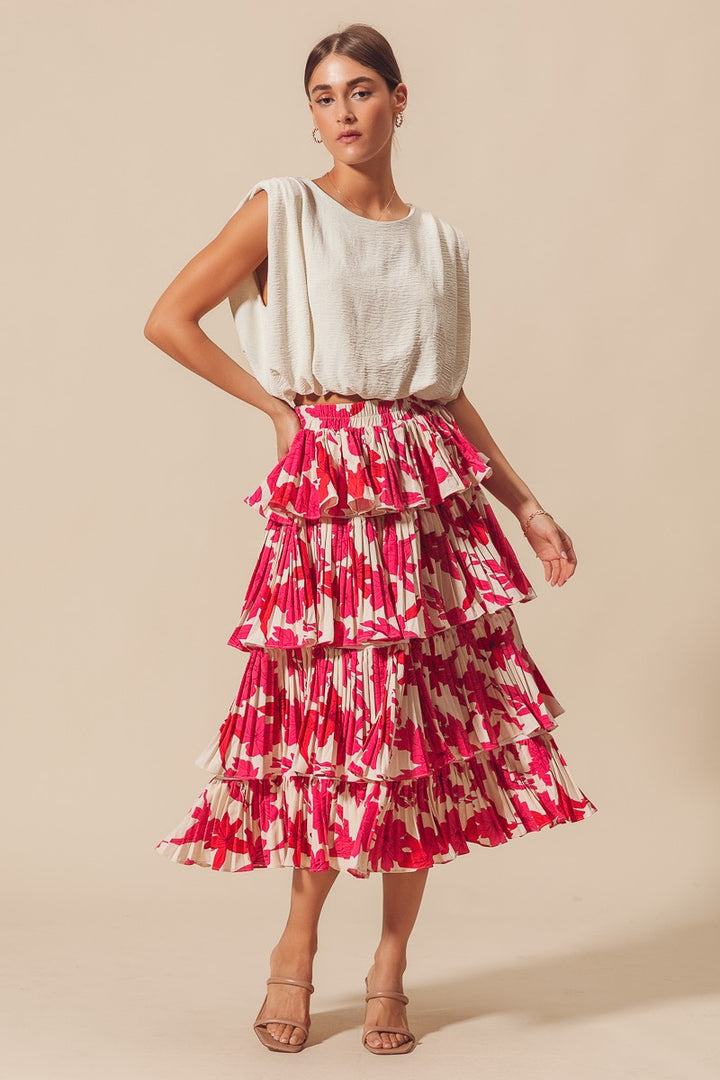 FLORAL PLEATED TIER MIDI SKIRT