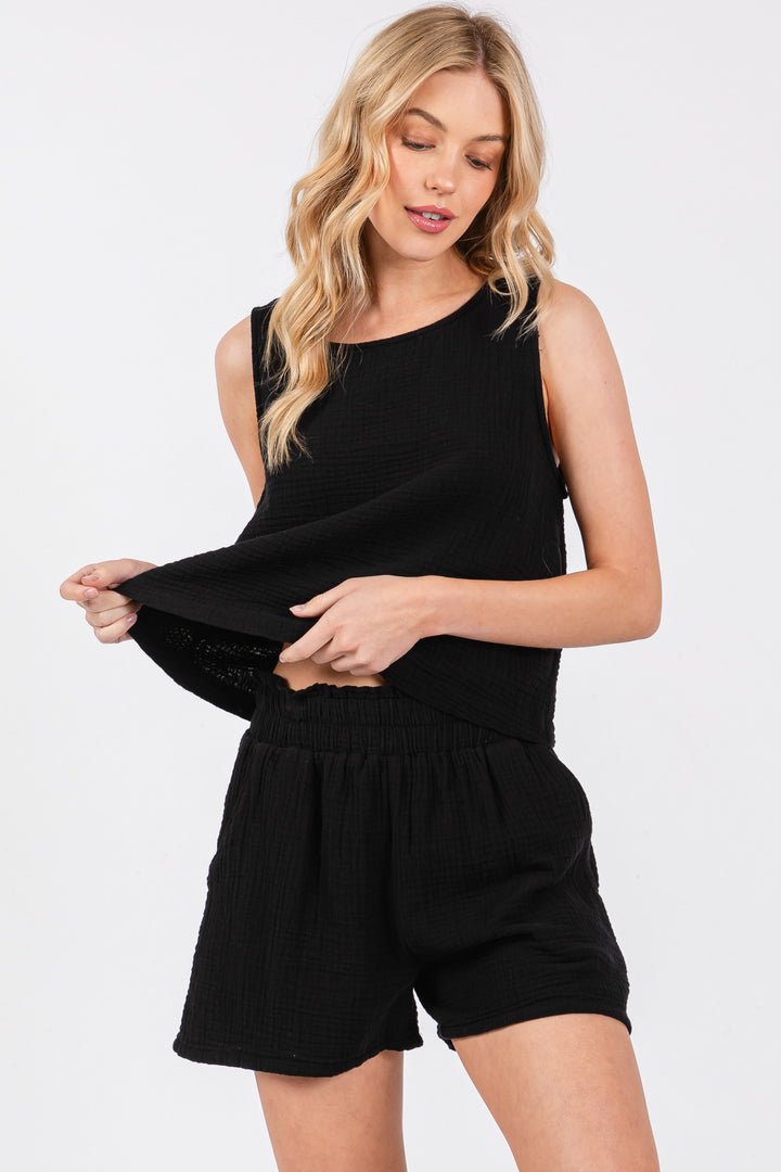 RUFFLED WAIST GAUZE SHORTS