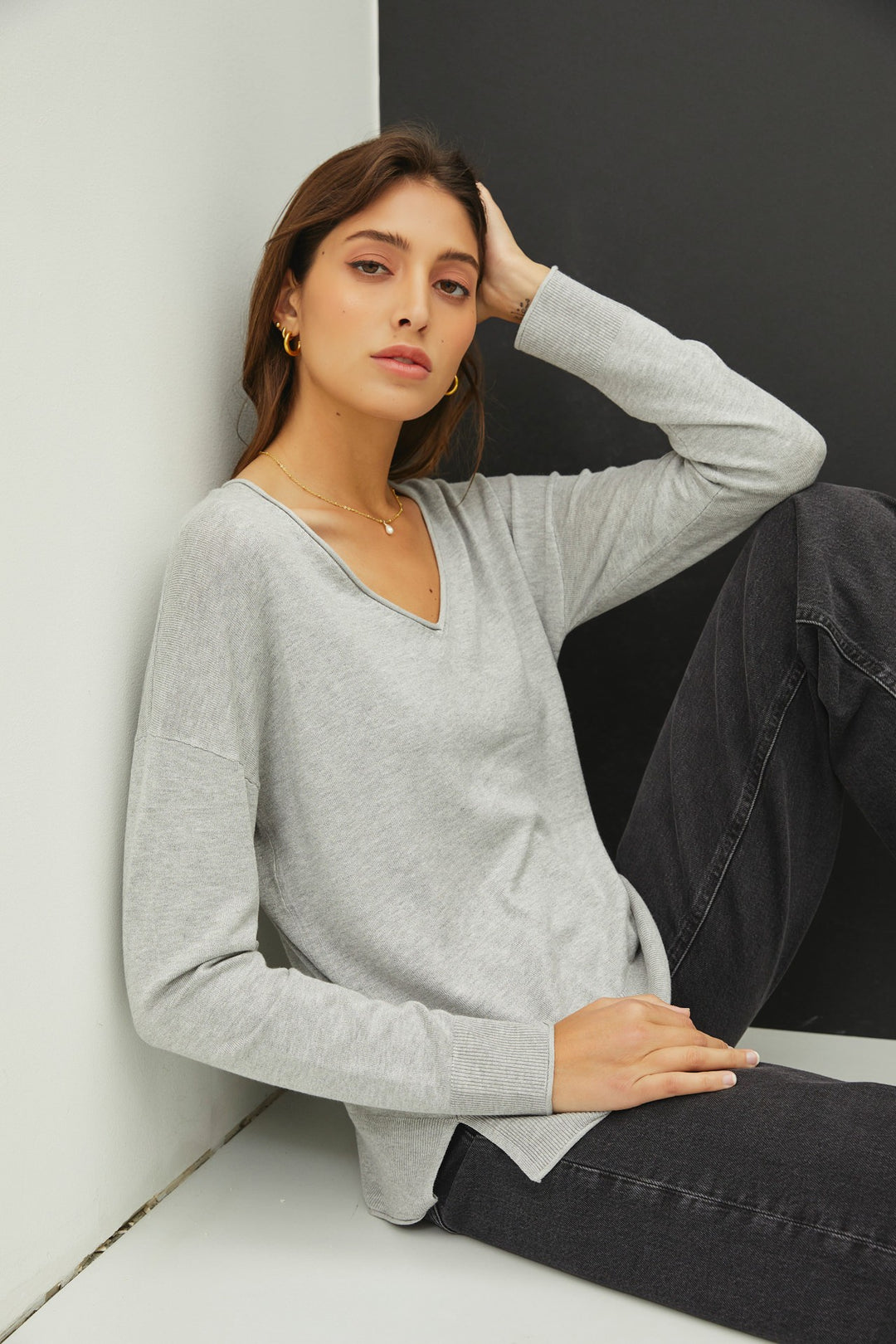 V-NECK DROPPED SHOULDER SWEATER