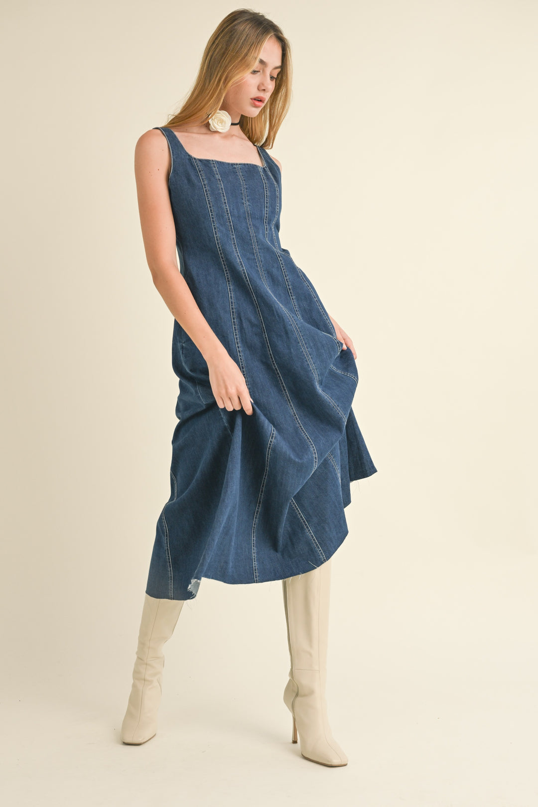 PANELED DENIM LONG DRESS