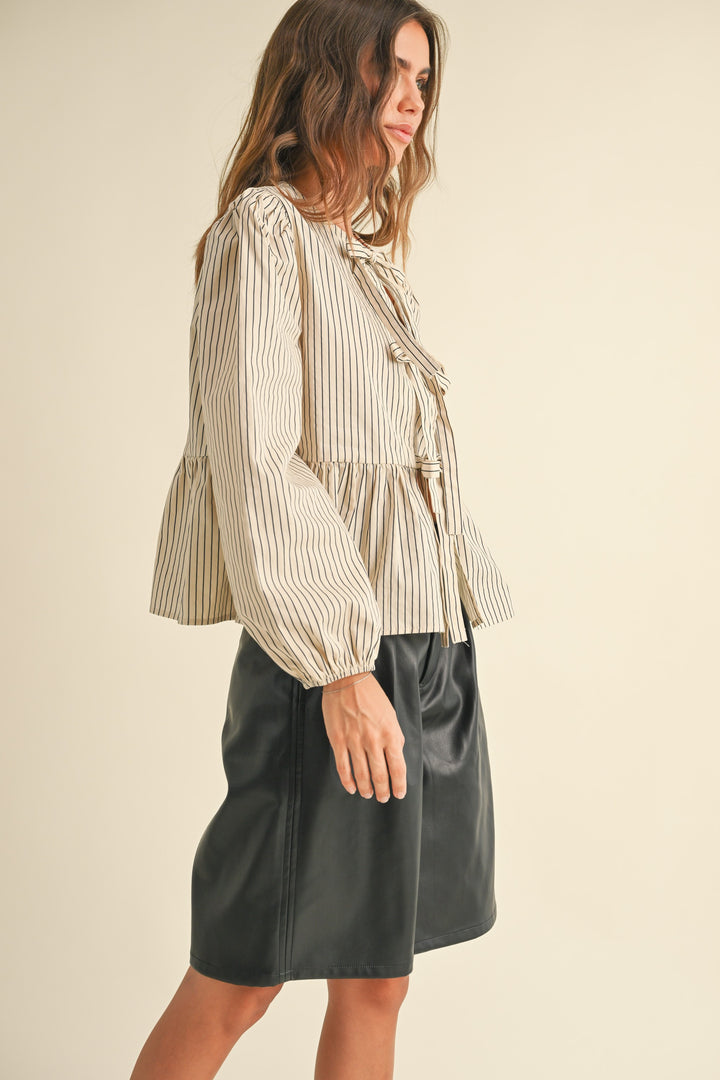 STRIPED WOVEN TIE BLOUSE