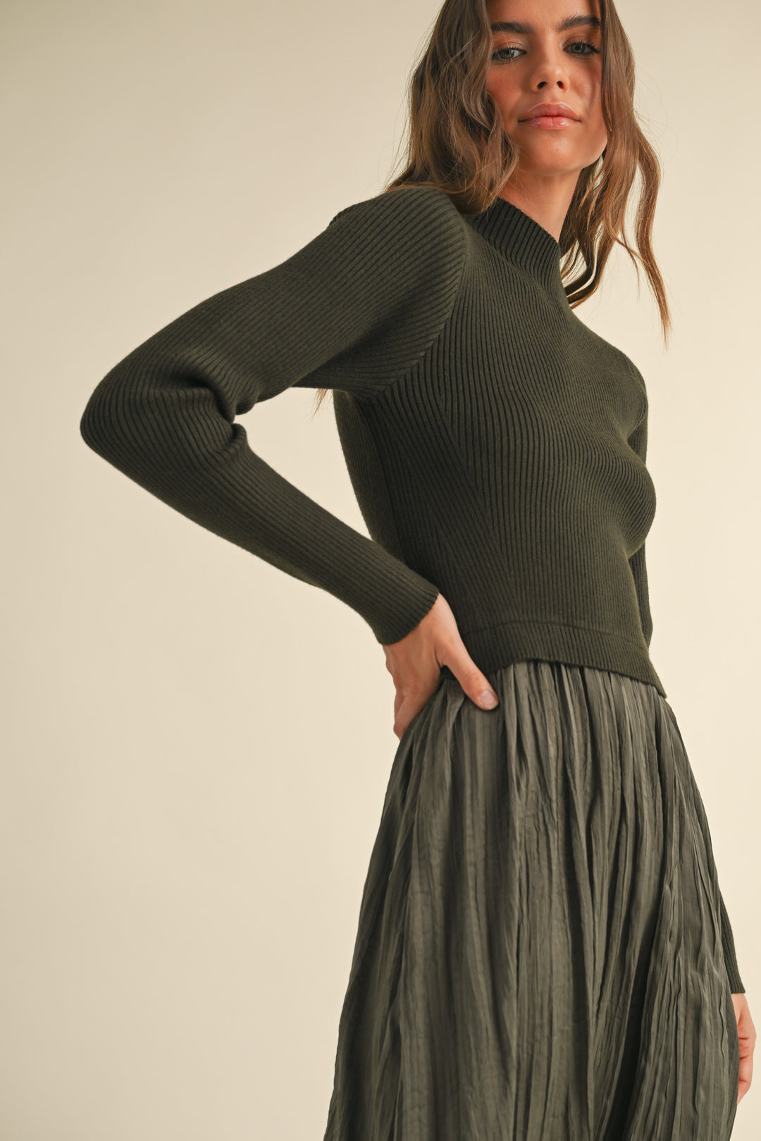 SWEATER COMBO WOVEN DRESS