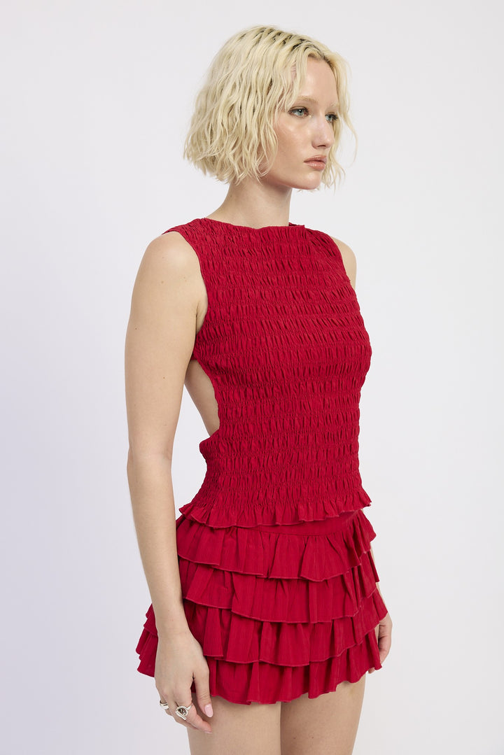 RED SMOCKED OPEN BACK TOP