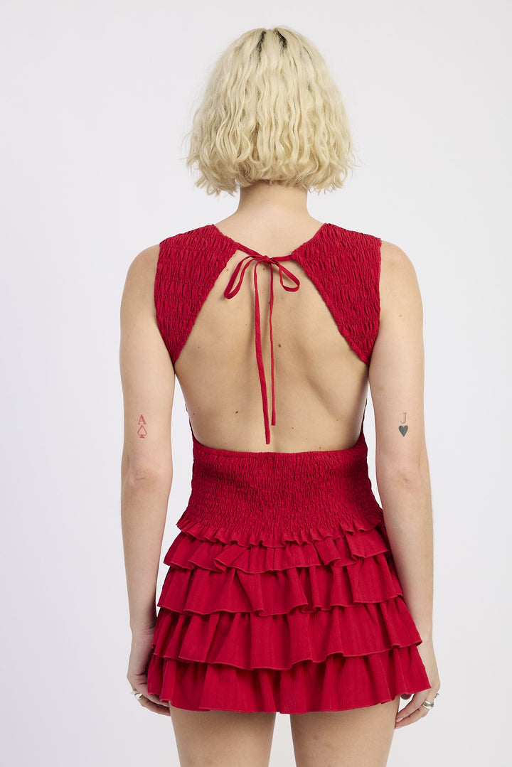 RED SMOCKED OPEN BACK TOP
