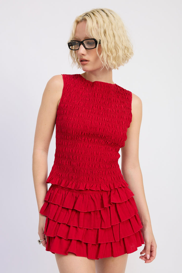 RED SMOCKED OPEN BACK TOP