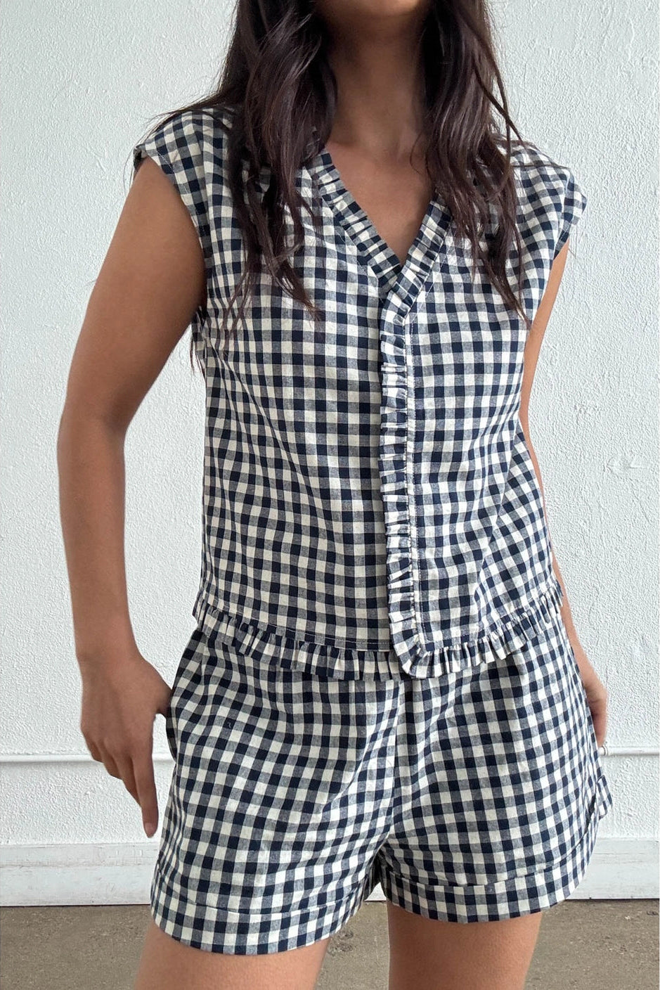 CHECK PRINT TOP AND SHORTS SET