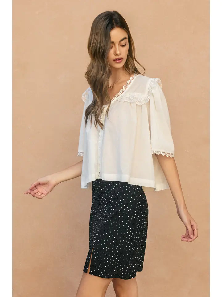 PURE THREAD LACE DETAIL SHIRRED BLOUSE