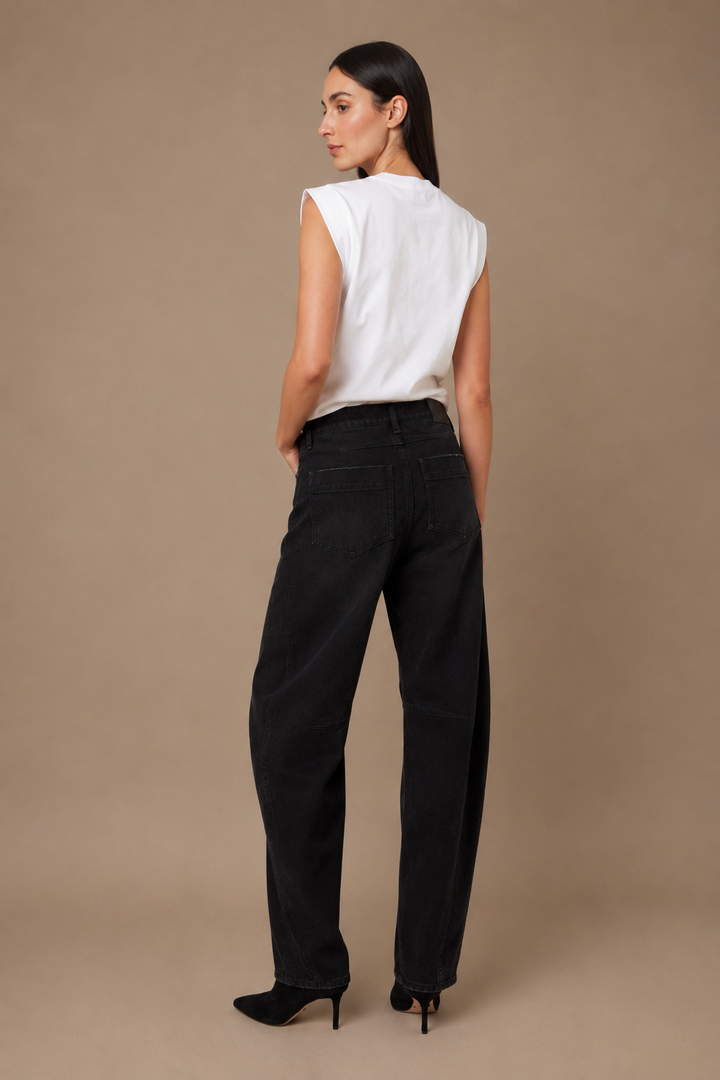HARPER CROPPED BARREL JEANS - WASHED BLACK