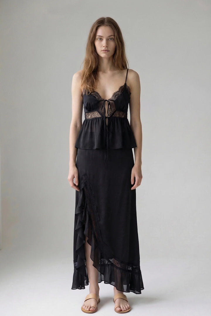 LACE TRIM FRONT TIE TOP AND SKIRT SET BLACK