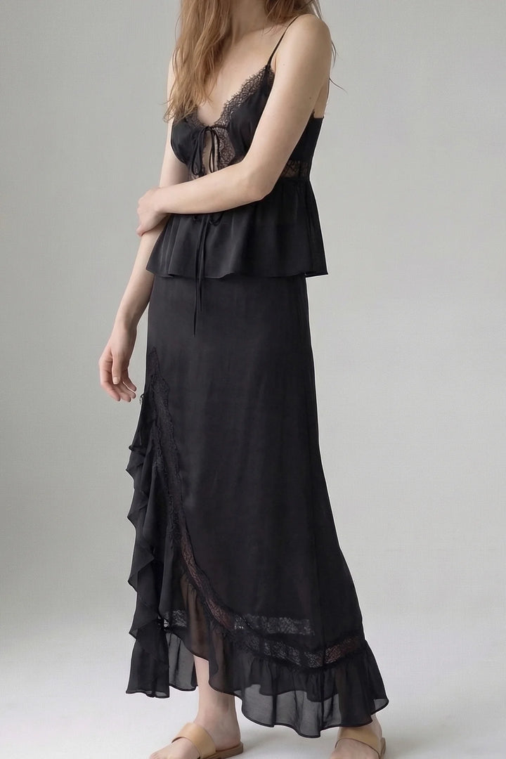 LACE TRIM FRONT TIE TOP AND SKIRT SET BLACK