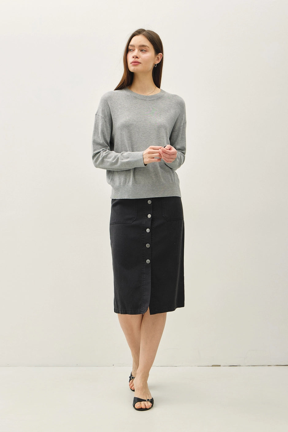 DROP SHOULDER CREW NECK - HEATHER GREY