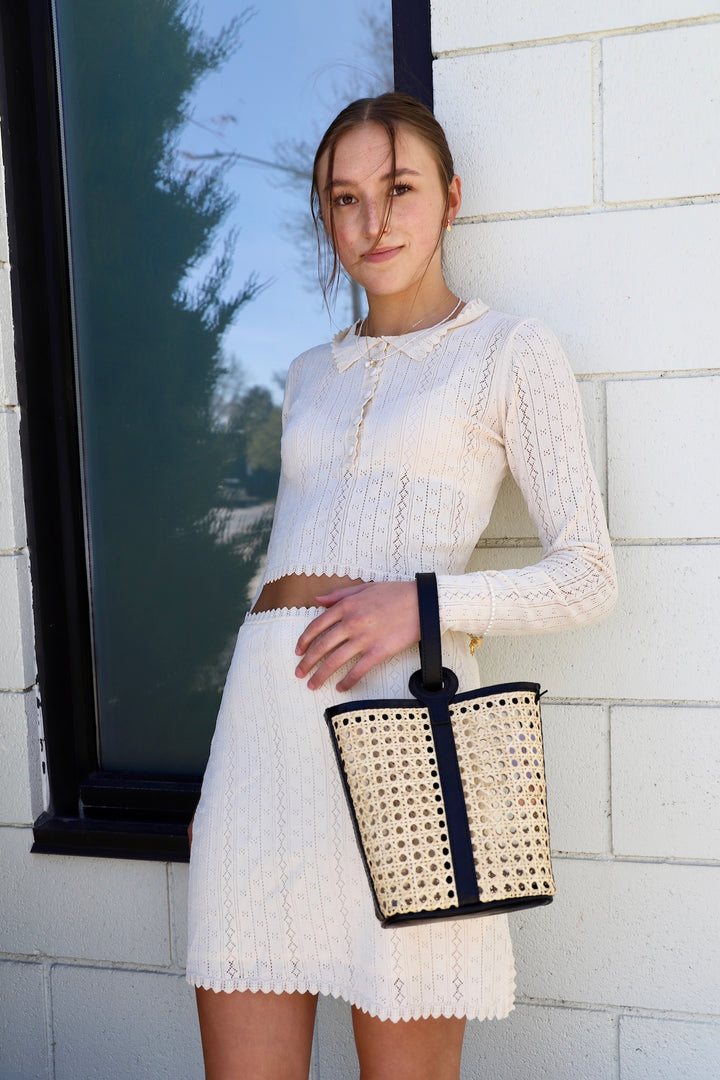 POINTELLE KNIT COLLARED TOP AND MINI SKIRT SET
