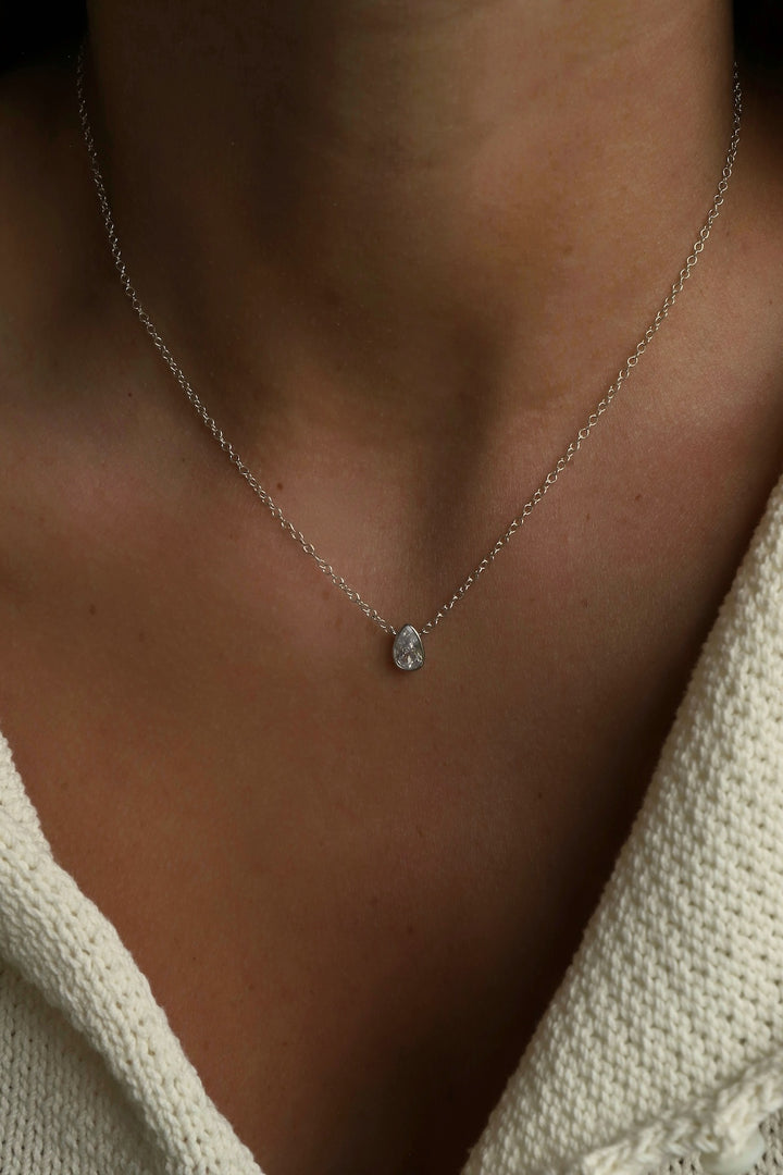 FLOATING PEAR BEZEL NECKLACE- SILVER