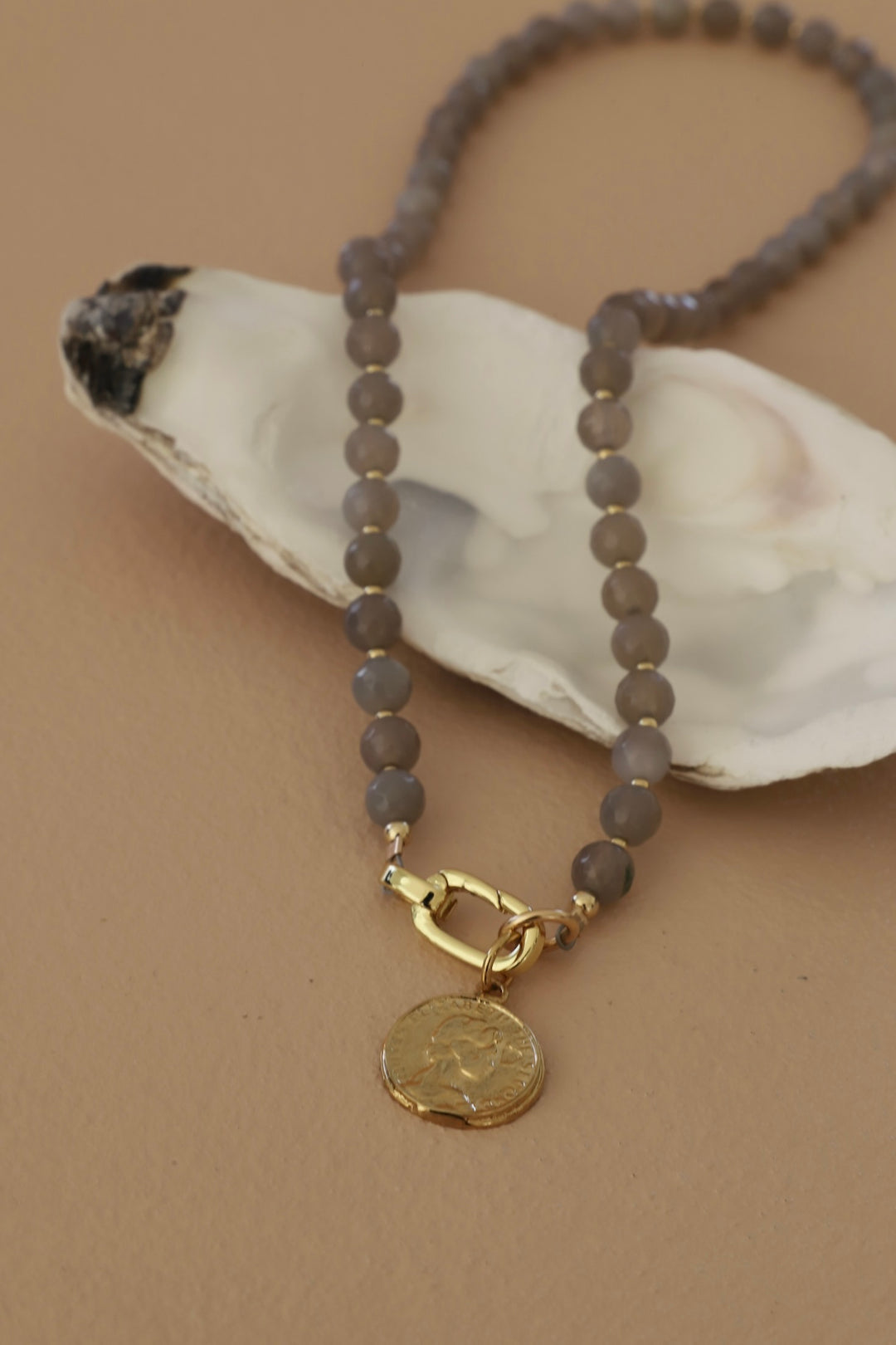 GREY MOONSTONE BEADED LINK NECKLACE