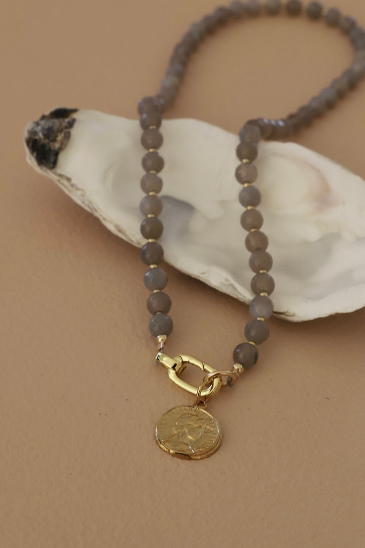 GREY MOONSTONE BEADED LINK NECKLACE