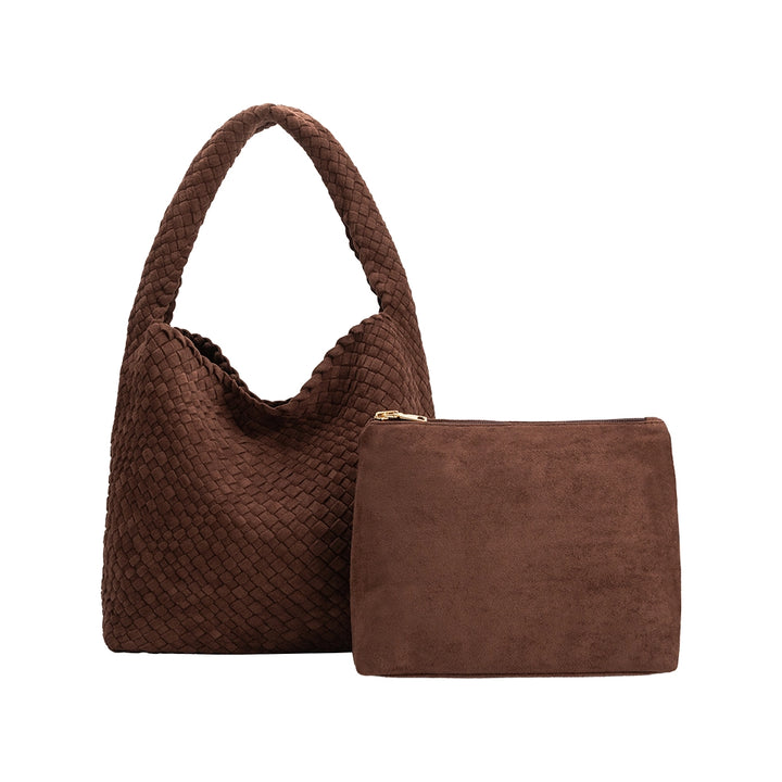JOHANNA TOBACCO SUEDE WOVEN TOTE
