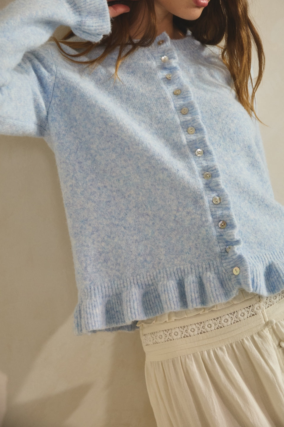 NEVE RUFFLE CARDIGAN - BLUE