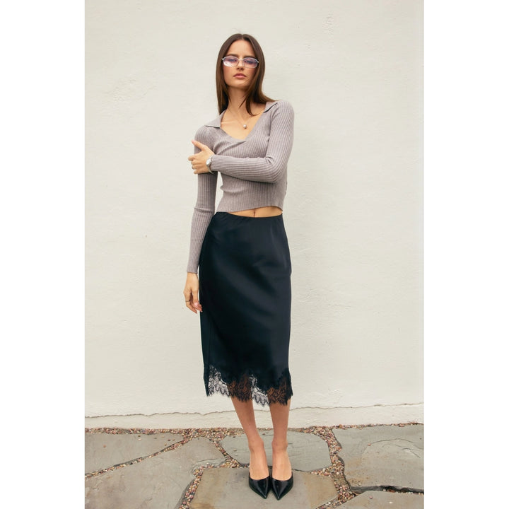 LACE TRIM SATIN MIDI SKIRT - BLACK