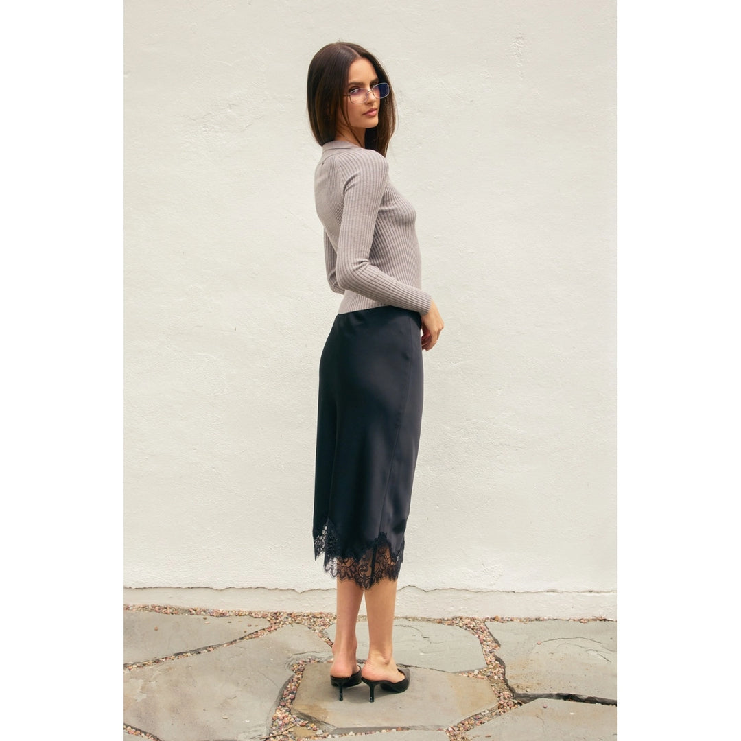 LACE TRIM SATIN MIDI SKIRT - BLACK
