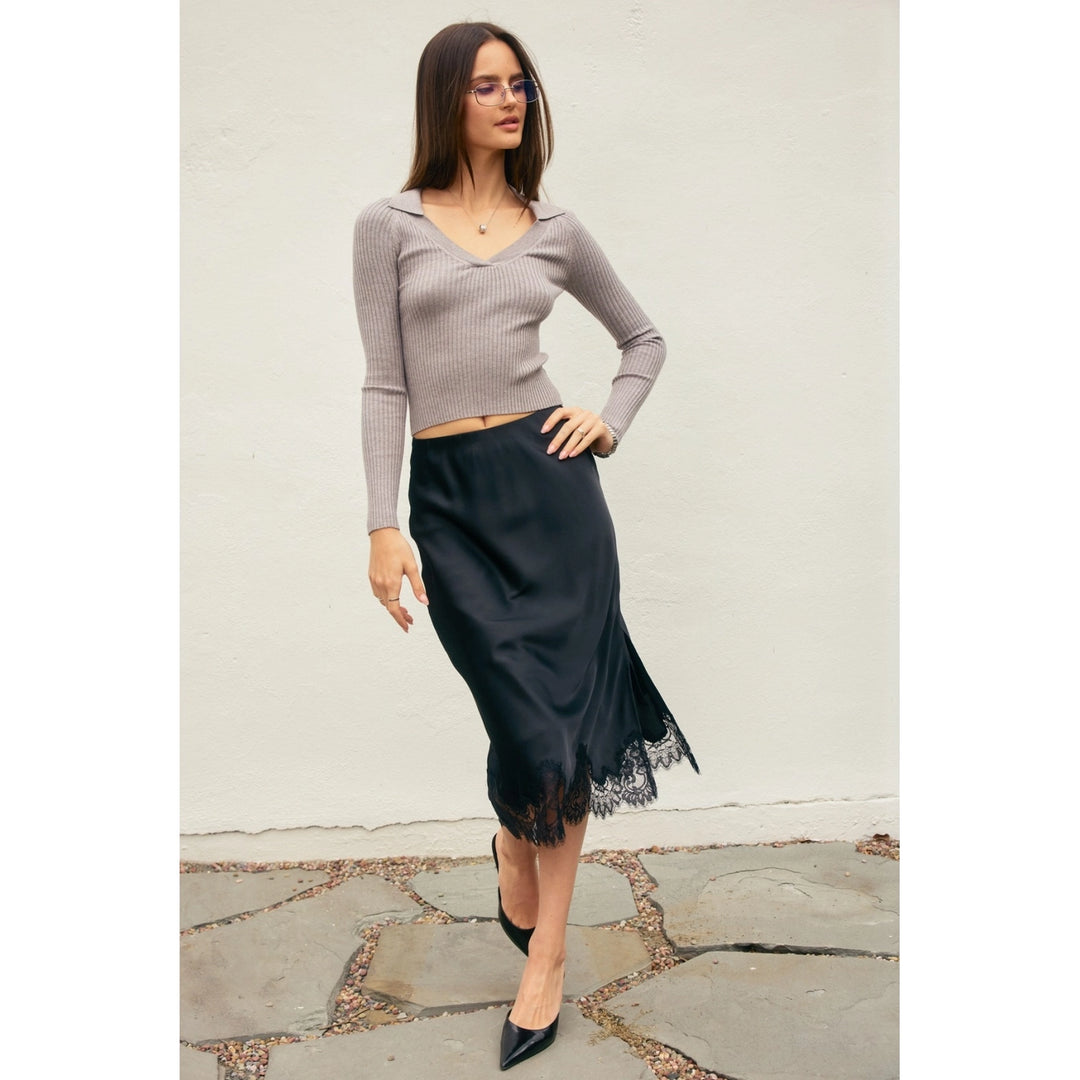 LACE TRIM SATIN MIDI SKIRT - BLACK