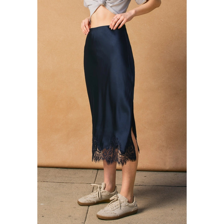 LACE TRIM SATIN MIDI SKIRT - NAVY