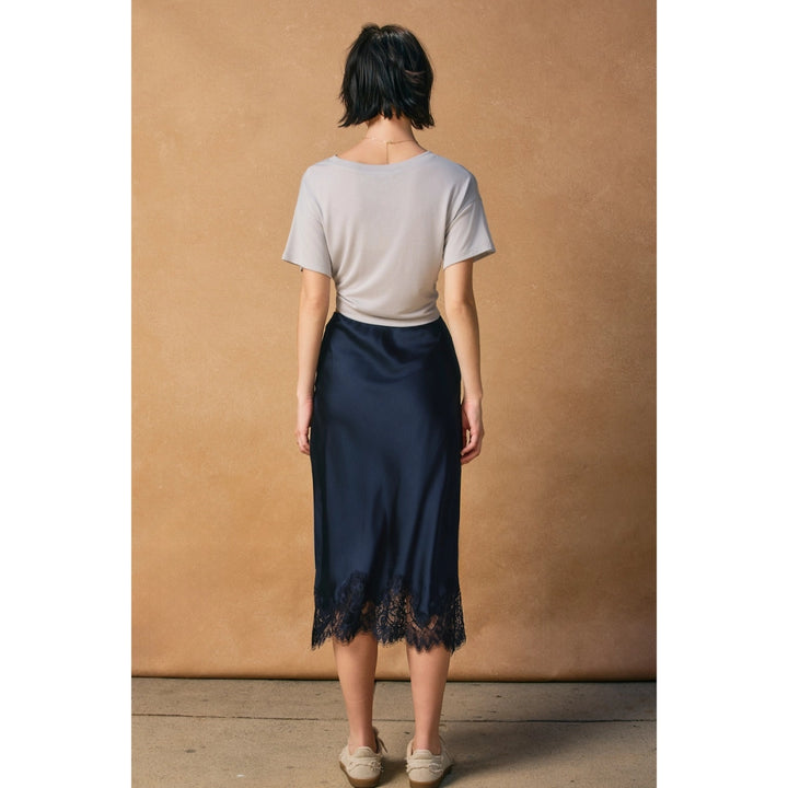 LACE TRIM SATIN MIDI SKIRT - NAVY