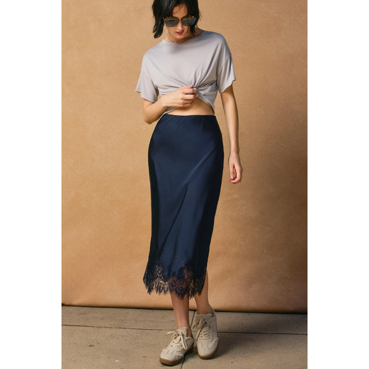 LACE TRIM SATIN MIDI SKIRT - NAVY