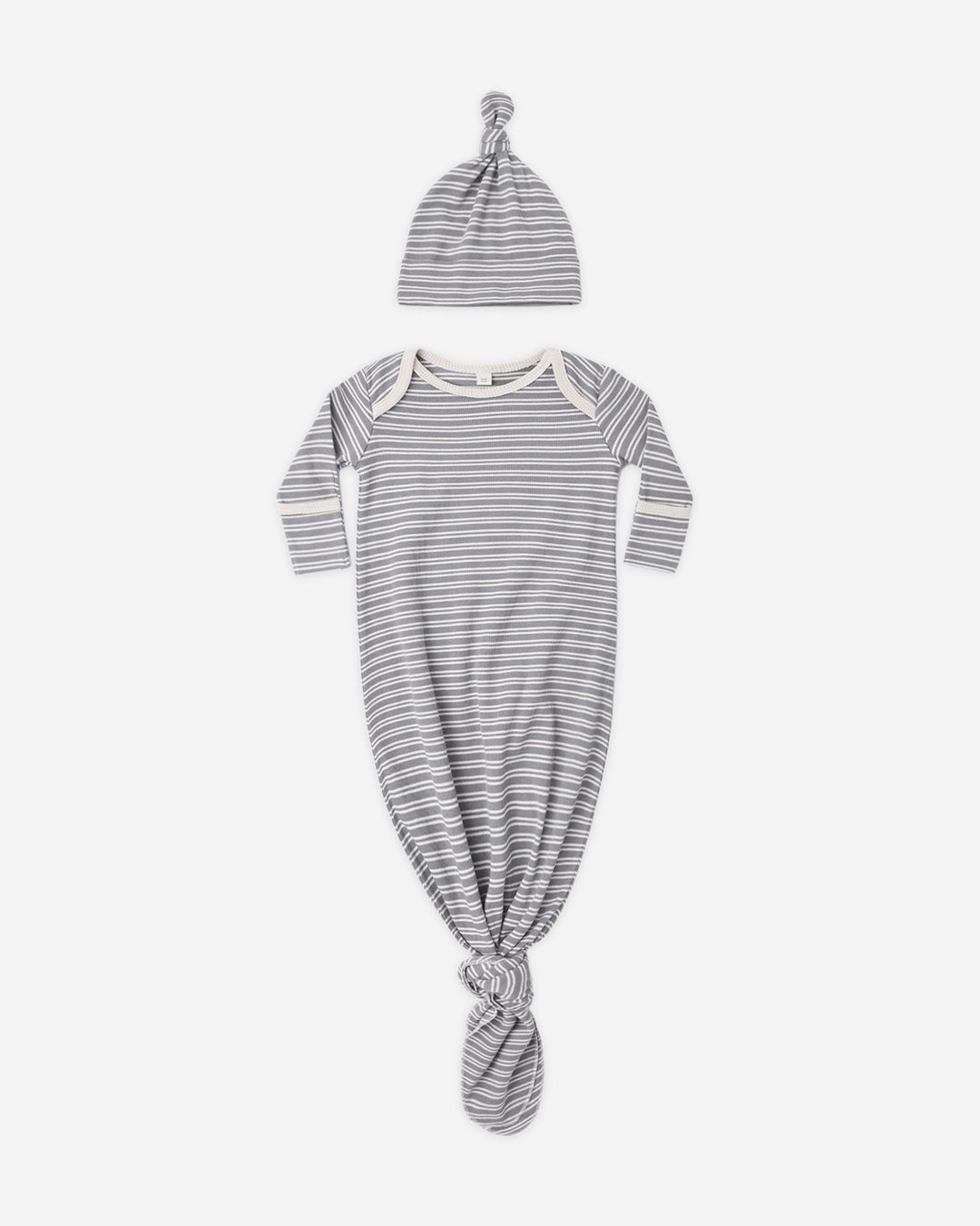KNOTTED BABY GOWN & HAT - SLATE MICROSTRIPE