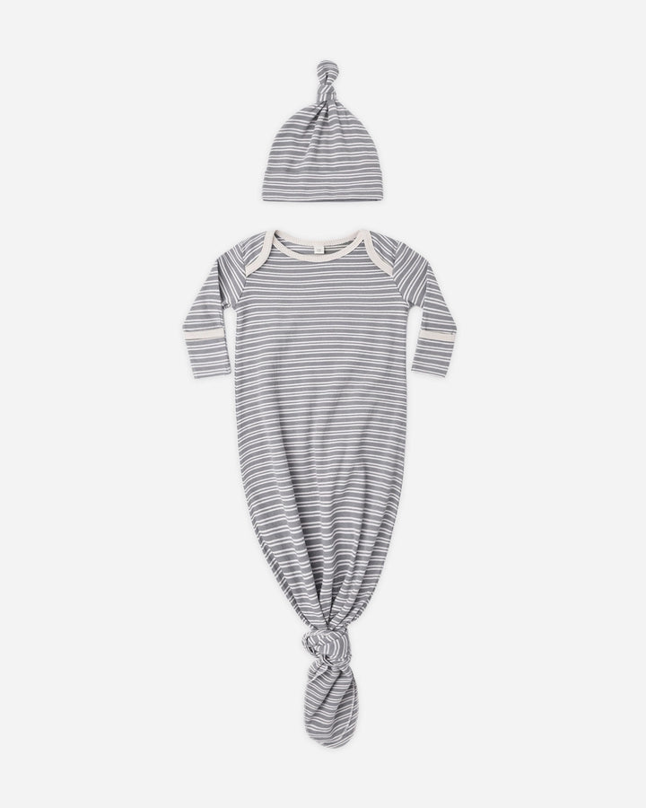 KNOTTED BABY GOWN & HAT - SLATE MICROSTRIPE