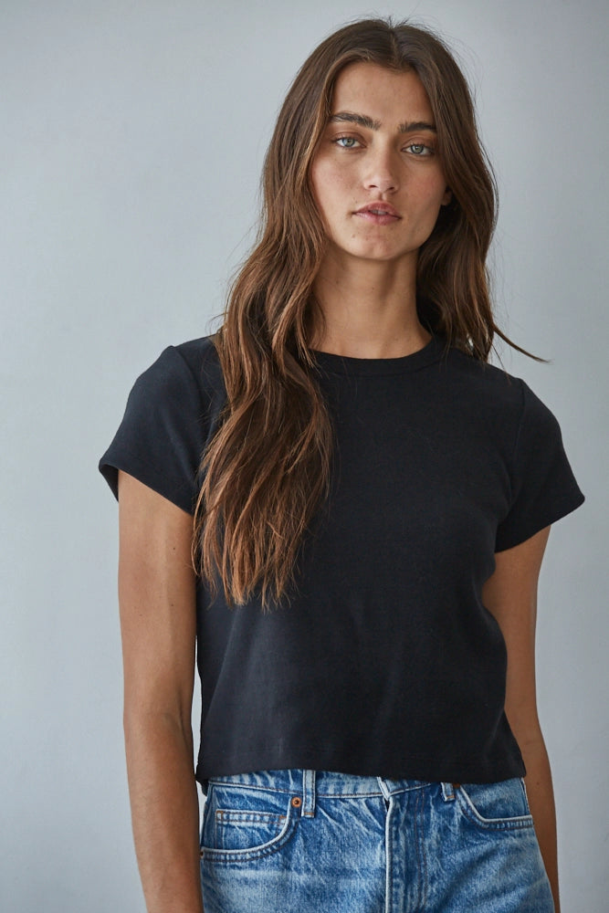 KNIT COTTON CROPPED TEE - BLACK