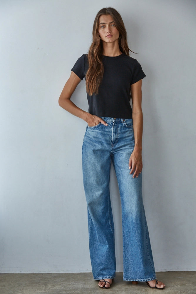 KNIT COTTON CROPPED TEE - BLACK