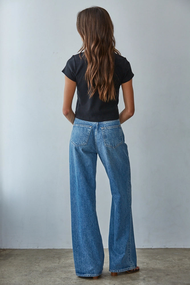 KNIT COTTON CROPPED TEE - BLACK