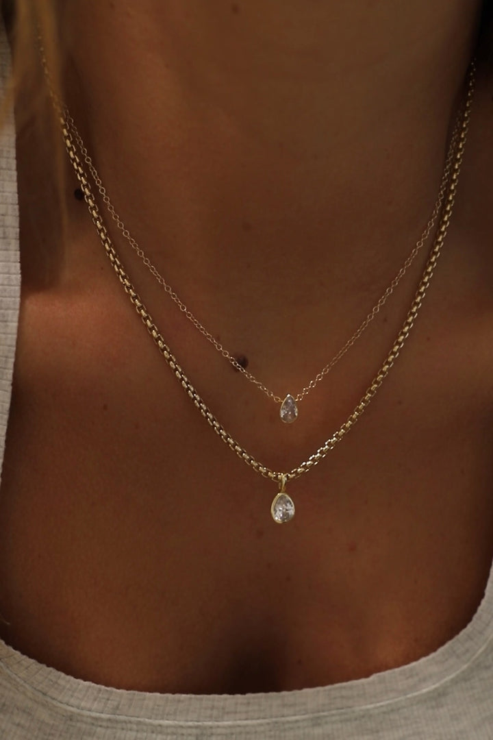 FLOATING PEAR BEZEL NECKLACE- GOLD