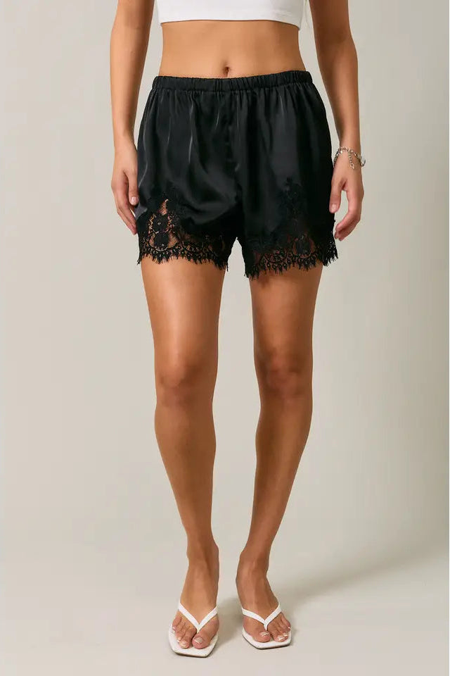 MID RISE LACE TRIM SHORTS BLACK SATIN
