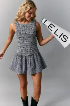 BOAT NECK GINGHAM SMOCKING BODICE LOW WAIST ROMPER