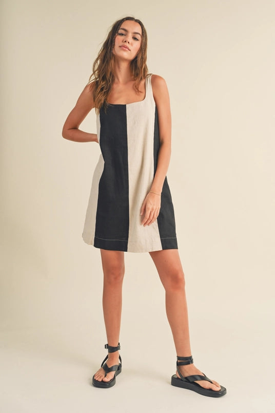 COLOR BLOCKED LINEN MINI DRESS